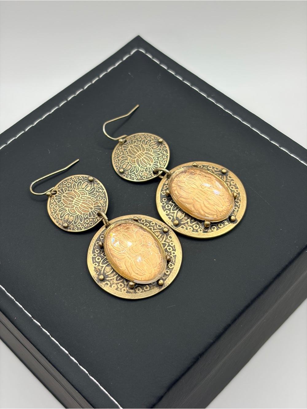 Bohemian Gold-Tone Filigree & Scarab Drop Earrings with Peach Cabochons
